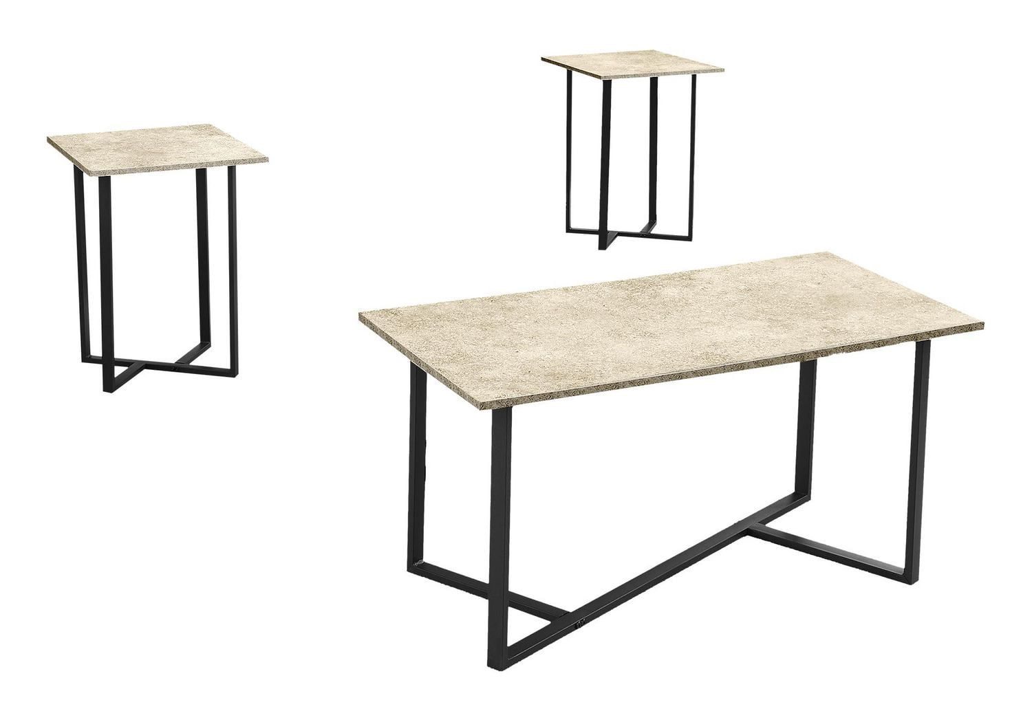 Monarch Specialties  Ens De Tables, Ensemble De 3 Pièces, Café, Bout, Salon, Revêtement Stratifié En Pierre Crème, Métal Noir, Contemporain, Moderne