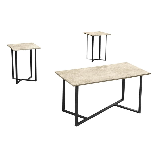 Monarch Specialties Table Set, 3pcs Set, Coffee, End, Living Room, Cream Stone Laminate, Black Metal, Contemporary, Modern