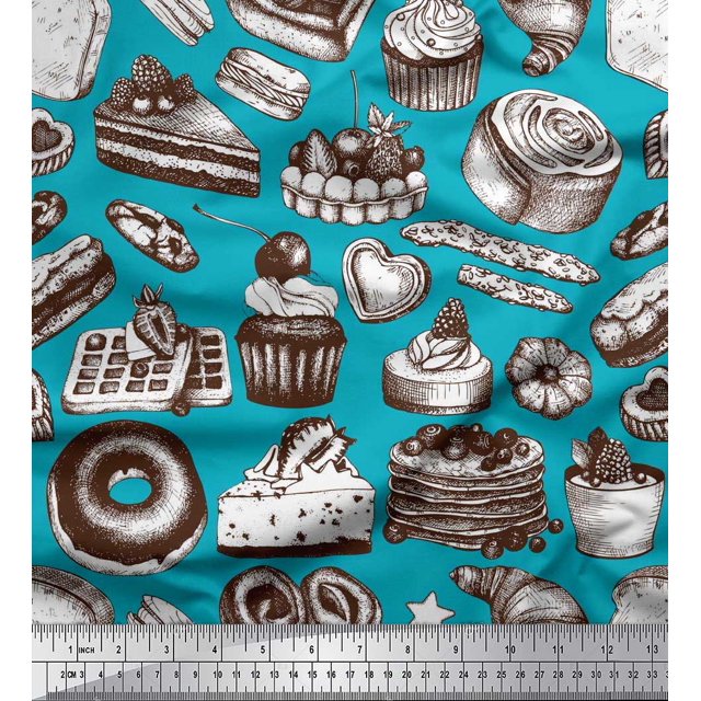 Soimoi Poly Georgette Fabric Cupcake,Donut & Cookies Food Print Fabric by Yard 52 Inch Wide
