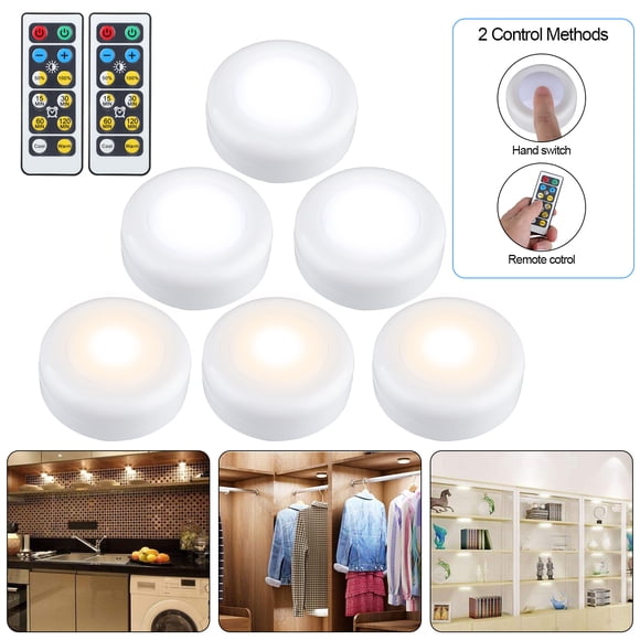 6-pack RGB Puck Closet Light, Wireless LED Puck Light Fairy Lights Under Cabinet Counter Lighting, Stick On Lights Battery Powered Night Lights with Remote Control, Dimmable Closet Lights