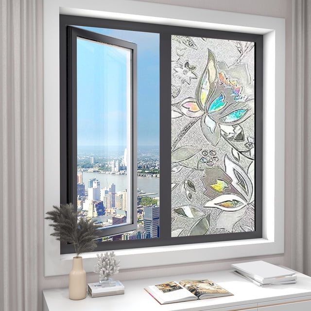 EGNMCR Home Decor bathroom window decorative PVC film with floral patterns, designed for non-opaque light filtering and privacy enhancement. The film is applied to a window, creating a stylish yet discrete look while allowing natural light to enter. Suitable for decorative window treatments in bathrooms or other spaces.