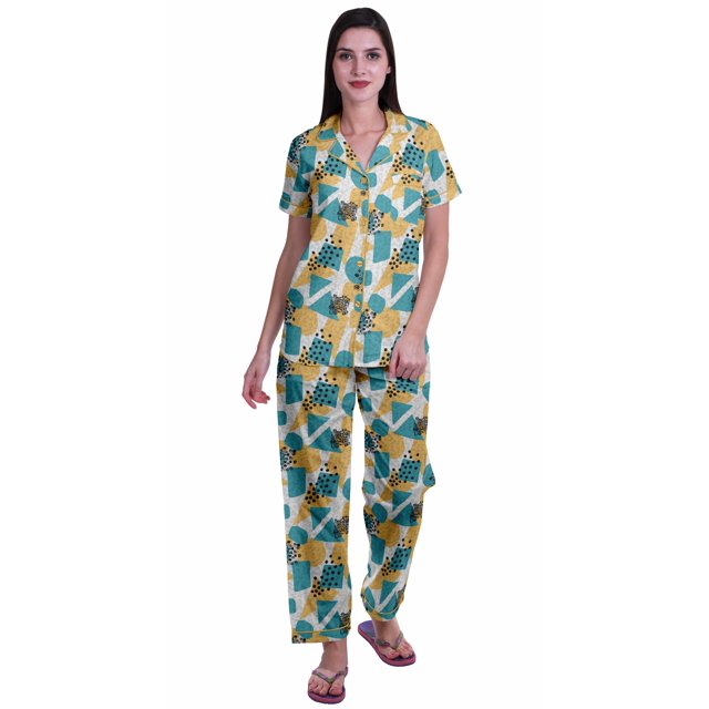 Moomaya Ensemble de Pyjama à Manches Courtes Imprimé pour Femmes Chemise de Nuit Boutonnée Imprimée