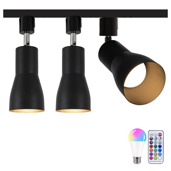 FSLiving Adjustable Angle H-Type Track Pendant Light RGB LED Bulb Remote Control Black Metal Lamp Dimmable Timing Energy-saving Modern Lighting Fixtures for Kitchen Sink Loft Bar Store - Set of 3