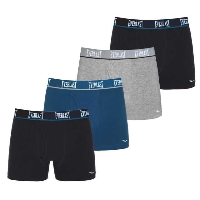 Everlast Men's Boxer Briefs - 4 Pack with four boxer briefs in black, blue, grey, and black featuring elastic waistbands branded with Everlast, made from a soft, breathable cotton-spandex blend for lasting comfort and everyday wear, also suitable for active use.