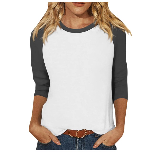 TSADFHJI Chemise Noire à Manches Longues pour Femmes Col en V Manches 3/4 Haut d'Été Décontracté Polyvalent Raglan Col Rond Chemise Décontractée Haut S Gris Foncé