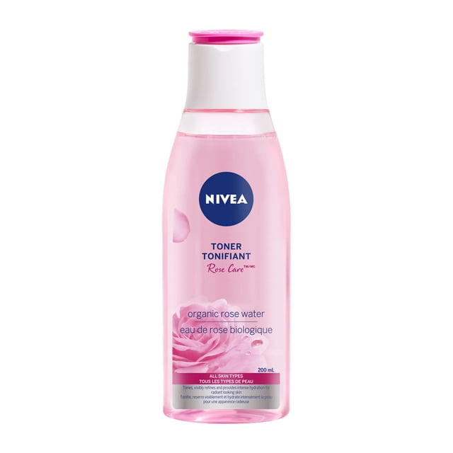 NIVEA Rose Care Toner For All Skin Types, 200 mL, in a translucent pink bottle with a white and pink flip cap, containing organic rose water for intense 24-hour hydration and pore refining, suitable for sensitive skin and dermatologically tested.