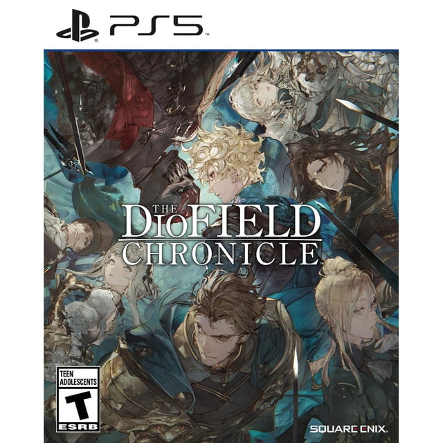 La Chronique de Diofield (PS5) Couverture Illustrant Sept Personnages en formation Circulaire Portant une Armure Fantastique Détaillée et des Vêtements avec des Épées, Mêlant influences Médiévales et Modernes, sur un Fond Bleu Atténué avec les logos PlayStation 5 et Square Enix.