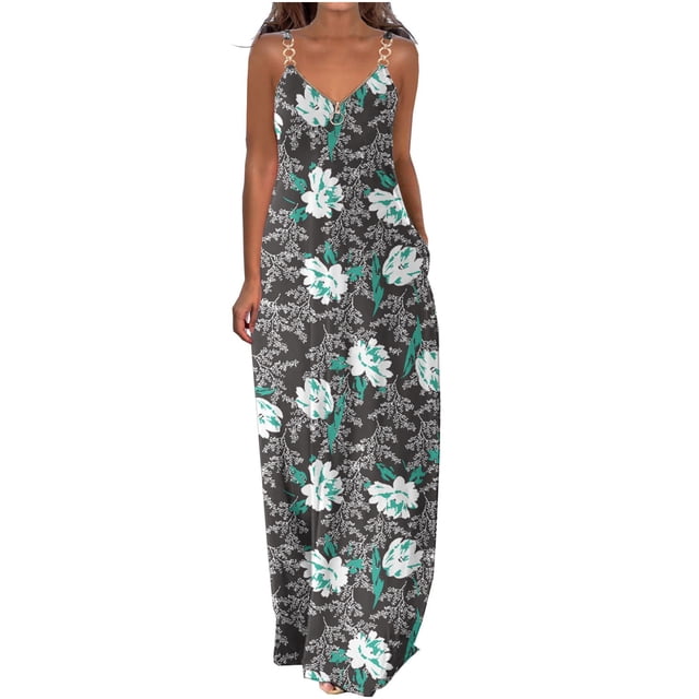 CEHVOM Robes d'Été pour Femmes Décontractées Boho Imprimées à Bretelles Anneau Plage Longue Robe Maxi avec Poches