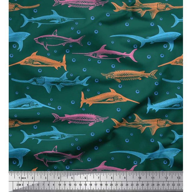 Soimoi Poly Georgette Fabric Bubbles & Fish Ocean Print Fabric by Yard 42 Inch Wide