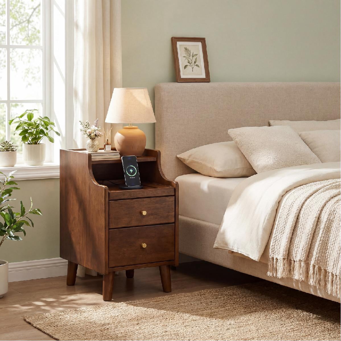 Giantex Wood Nightstand w/2 Drawers, Mid Century Modern End Table, Narrow Bedside Table