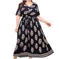 thumbnail image 2 of SMihono Robe Maxi Bohème d'Été pour Femmes Grande Taille Robe d'Été pour Femmes à Imprimé Robe Grande Taille à Col en V à Manches Courtes à Taille Élastique Robe de Plage Robe Soleil Robe Midi Fluide à Volants Robe Évasée de Plage, 2 of 9