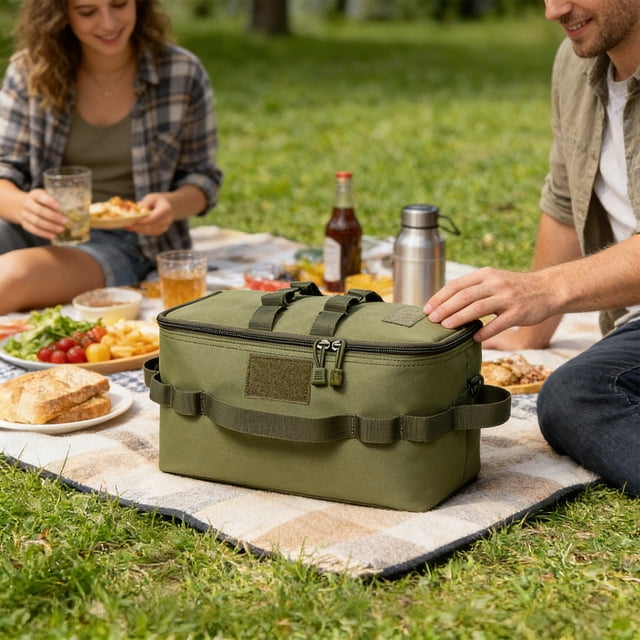Camping Sac de Rangement pour Réservoir de Gaz de Réchaud, Sac de Transport d'Outils Pliable pour l'Extérieur avec Double Fermeture Éclair, Tissu Oxford, Noir Vert, 35 x 21 x 17 cm