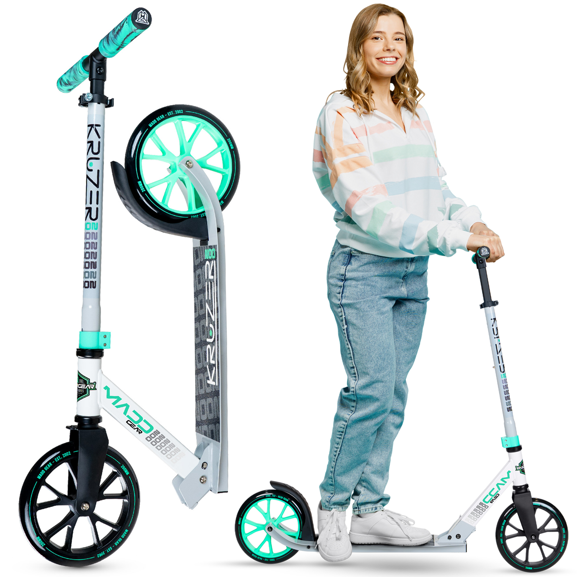 Madd Gear Folding Commuter Scooter for Adults & Teens – Kruzer 200 –  White/Teal