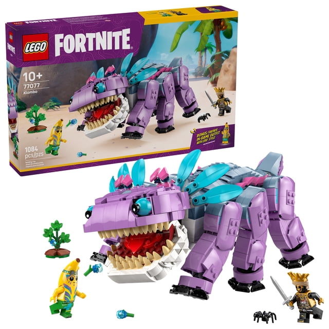 LEGO Fortnite Klombo Kids Toy featuring a buildable purple and blue Klombo figure with posable legs, an opening mouth with teeth, and a rotating tail, including Peely and Oro minifigures, a Klomberry bush with detachable berries, and a small black spider, shown with the 1084-piece set box 77077 for ages 10 and up.