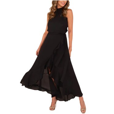 VEKDONE Fashion Women's Solid Color Sleeveless Round Neck Lace Irregular Tie A-line Dress Black XL