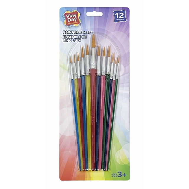 Play Day Paint Brush Set containing 12 paint brushes with colorful wooden handles in blue, yellow, red, pink, and green, each with fine pointed synthetic bristles, packaged on a purple gradient backing card, designed for art painting supplies and suitable for children ages 3 and up, often used for detailed craft painting.