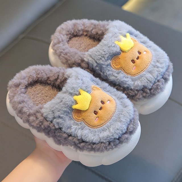 RXIRUCGD Chaussons d'Hiver pour Enfants en Peluche Antidérapants Gardent au Chaud Pantoufles en Coton pour la Maison (Gris, Taille:36)