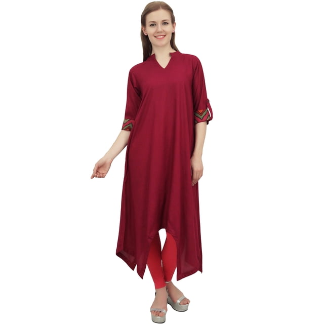 Bimba Robe Kurta en Rayonne Bordeaux pour Femme avec Foulard, Ourlet Asymétrique, Robe de Designer - 22