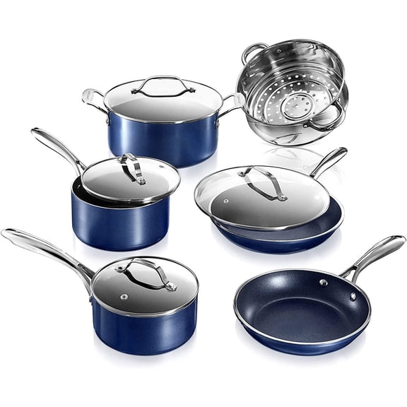 GraniteStone Bleu Batterie de cuisine de 10 pièces infusée de diamants avec couvercles en verre