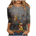 thumbnail image 2 of Hauts de Sortie pour Femmes Mode T-shirt Ample Imprimé Blouse à Manches 3/4 Col Rond Hauts Décontractés Hauts à Manches 3/4 pour Femmes en Liquidation, 2 of 3