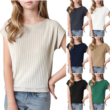 Feancey Hauts en Tricot Côtelé pour Enfants Filles Été Manches Cap V T-Shirts Couleur Unie Décontracté Chemise en Coton Tricotée Soldes du Jour Bleu Marine m