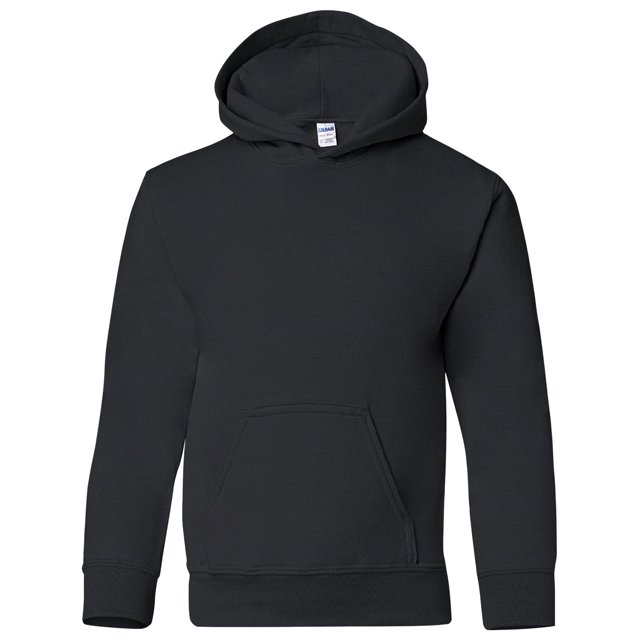 Gildan Heavy Blend Children's Hooded Sweatshirt Top / Hoodie in a plain black design. Made from 50% cotton and 50% polyester with midweight fleece fabric. Features a double-layer hood, ribbed elastane cuffs and hem, a kangaroo pocket, and a classic fit. Designed with anti-pilling and durable MVS air spinning technology. Certified Oeko-Tex Standard 100 and Sedex for sustainability.
