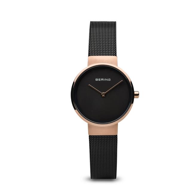 Bering 14526-166 Female Classic Rose Gold Poliert Mesh Watch with Black Dial