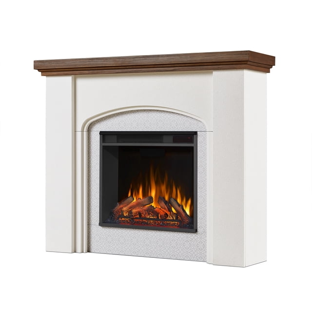 Real Flame Anika Foyer Électrique de 49 Pouces en Stuc Blanc avec Fini Stuc Texturé et Dessus de Manteau en Bois Naturel, avec un Enrobage Arqué Réversible en faux Carreaux et une Foyer Électrique à Flamme Vive avec Flammes Vacillantes et Ensemble de Bûches, Offrant une Chaleur Supplémentaire pour des Pièces jusqu'à 1000 Pi2.