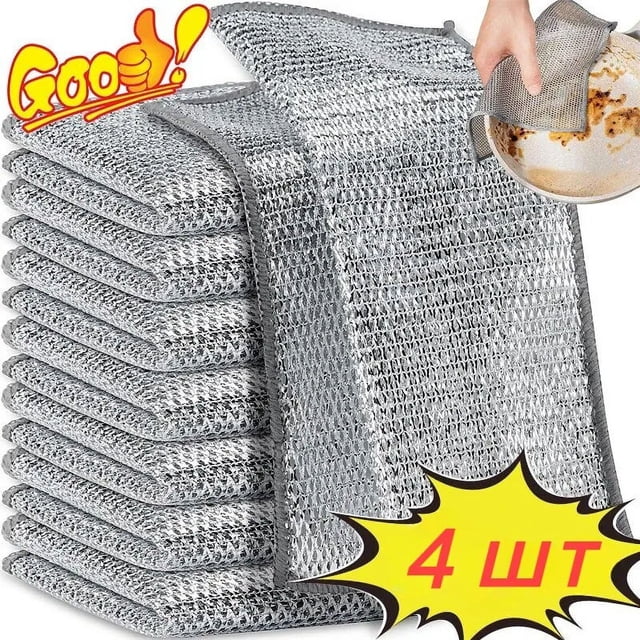 Chiffon à Vaisselle en Fil Non Abrasif, Chiffon à Vaisselle en Fil d'Acier Réutilisable pour le Nettoyage de la Cuisine, Présenté en une Pile de Cinq avec une Vue Détaillée du Tissu en Maille à Écailles de Poisson Argentées. une Main Est Montrée en Utilisant un Chiffon pour Récurer une Vaisselle avec des Résidus Cuits au Four, Mettant en Valeur Son Pouvoir Supérieur de Détachage. Chaque Chiffon Mesure 9 Pouces par 6 Pouces, Présente des Bords Lisses pour une Manipulation Sécuritaire, et Est Idéal pour Nettoyer les Ustensiles de Cuisine, les Éviers et les Cuisinières