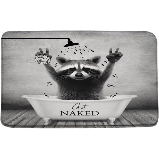 YOZSLGU Raccoon Bath Mat Funny Animal in The Bathtub Get Naked Grey Creative Memory Foam Bathroom Kitchen Rug, 23.6 x 35 Inch