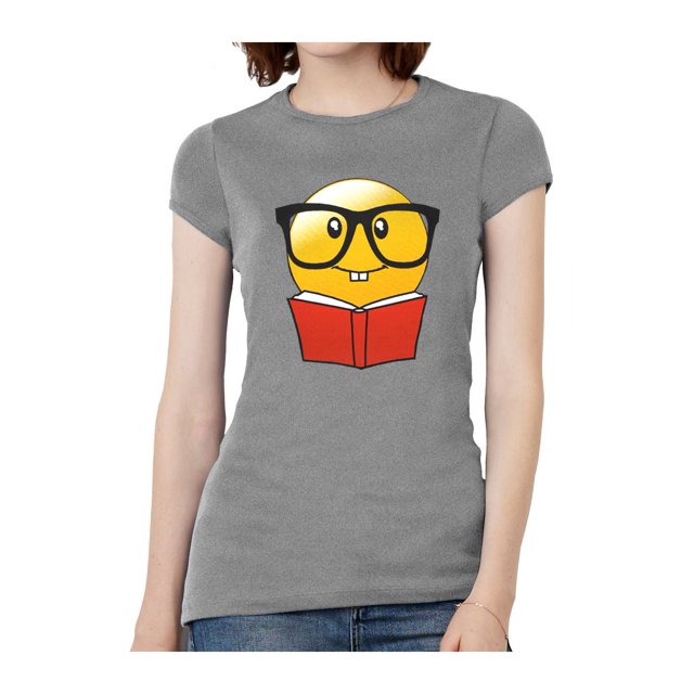 Womens Emoticon Reading Book Short-Sleeve T-Shirt - Heather Grey - Medium