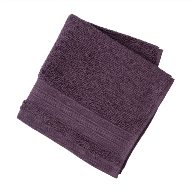 hometrends Solid 100% Cotton Washcloth, 1 Piece, 550 GSM, dark purple highly absorbent and soft bathroom washcloth folded to show textured cotton loops and a decorative woven band, ideal for bathroom towel sets and daily use, also suitable for gentle facial cleansing
