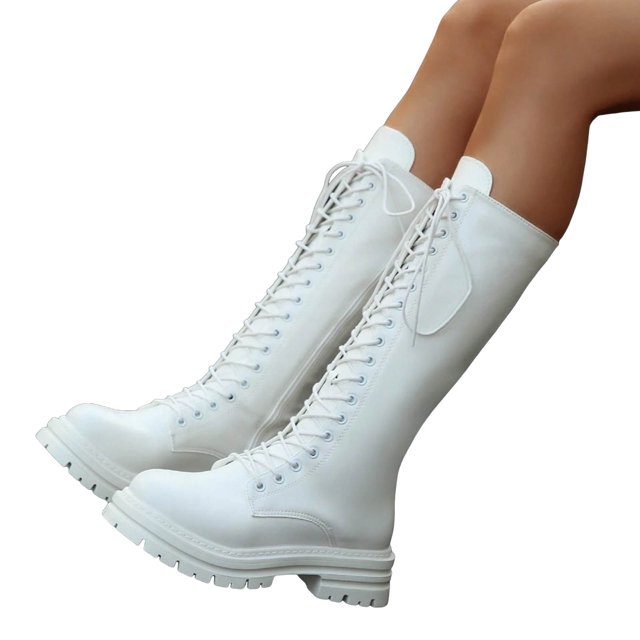 Dakaela Knee High Boots Women Platform Lace up Combat Wide Calf Booties Non Slip Punk Goth Motorcycle Riding Boots White Size 9