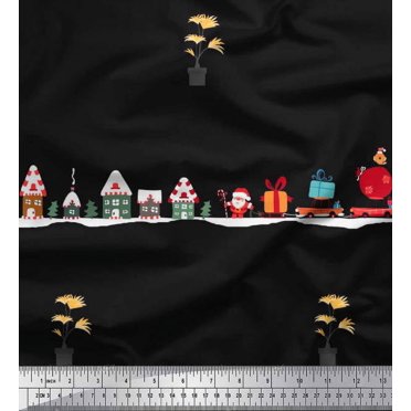 Soimoi Rayon Crepe Fabric Santa,Gift Box & Tree Christmas Fabric Prints By Yard 46 Inch Wide