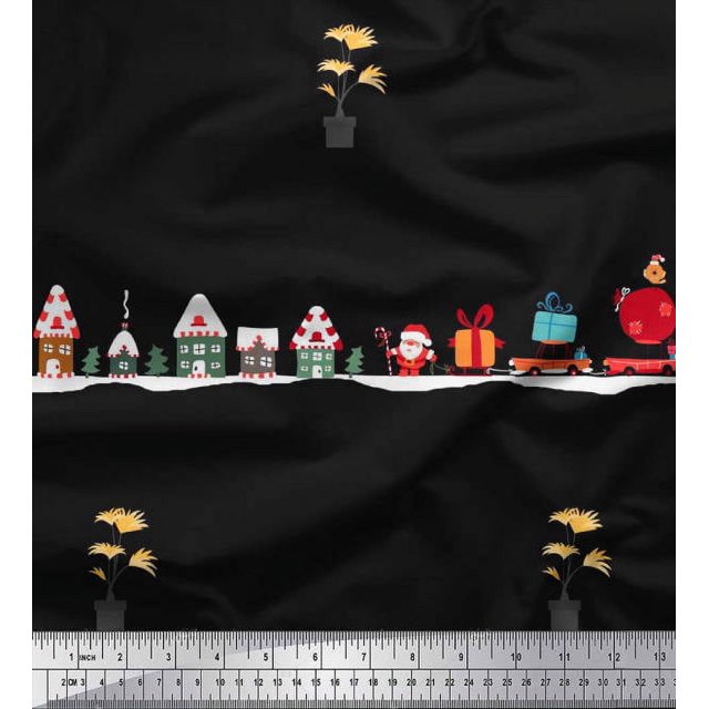 Soimoi Modal Satin Fabric Santa,Gift Box & Tree Christmas Print Fabric by the Yard 42 Inch Wide