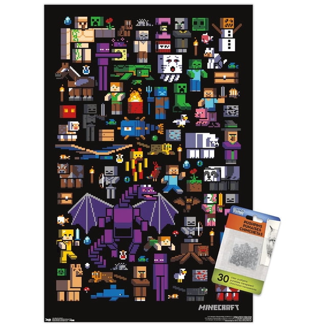 Minecraft - Affiche Murale Mobbery, 22,375 Po x 34 Po, Présentant des Foules Minecraft Pixélisées Incluant Ender Dragon, Creepers, Zombies, Squelettes, Villageois et Animaux sur Fond Noir, Imprimée sur Papier Lustré aux Couleurs Vives, Convient à la Décoration de Chambre, Bureau Ou Dortoir et pour les Fêtes.
