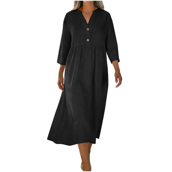 Button-Down Dress For Women, Loose Fit with Pockets and Quarter Sleeves, Long Casual Maxi Dress for Spring and Summer