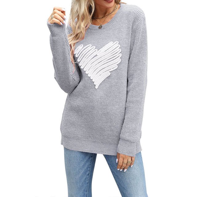 Gupgi Chandail Cœur d'Amour pour Femmes à Manches Longues, Col Ras du Cou, Tricot de la Saint-Valentin
