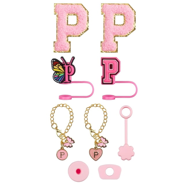 Glass&Bottle Accessory Set for Drinkware – Embroidery Patch Straw Covers Charm Necklace Chain & Leak Guard Complete Decorative Upgrade Kit