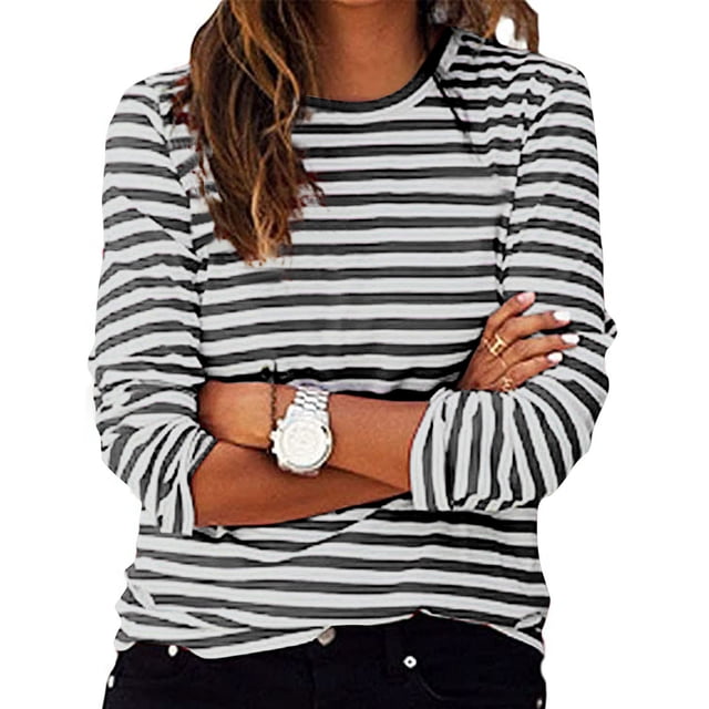 Timegard Hauts pour Femmes à Rayures à Manches Longues Col Ras du Cou Blouse Ample et Confortable Hauts Habillés Décontractés Vêtements d'Automne