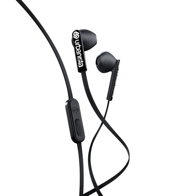 Urbanista San Francisco wired earbuds in black with tangle-free flat cable, inline remote with button controls, USB Type-C connection, and voice assistant support, suitable for everyday use and hands-free calls.