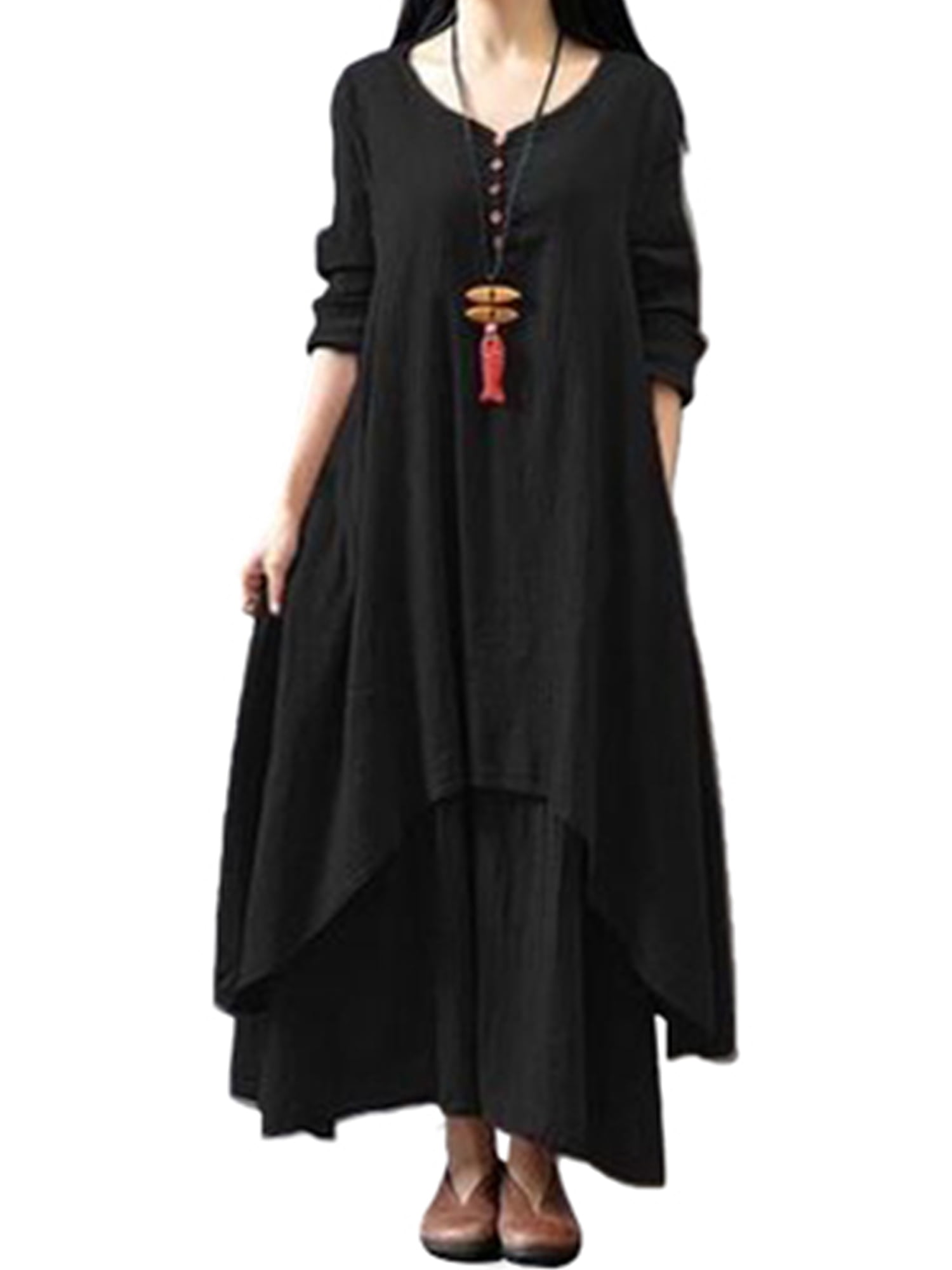 Oversize Vintage Kaftan Cotton Linen Maxi Dress For Lady Front Button Down Ruffle Tunic Dress For Women High Low Hem Pleated A Line Dress T Shirt Dress