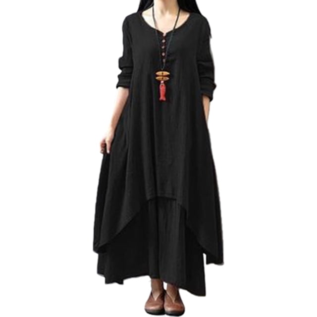 HIMONE Long Sleeve Solid Color Tunic Dress for women, featuring a V-neckline, button-down front, and irregular hem design. This black maxi dress has ruffle pleats, a layered fake two-piece style, and is available in plus sizes. Ideal for casual, work, party, or vacation wear, made from 95% polyester and 5% spandex for comfort and stretch.