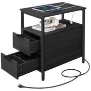 VASAGLE Side Table with Charging Station, Narrow End Table with 2 Drawers, Slim Nightstand, Black