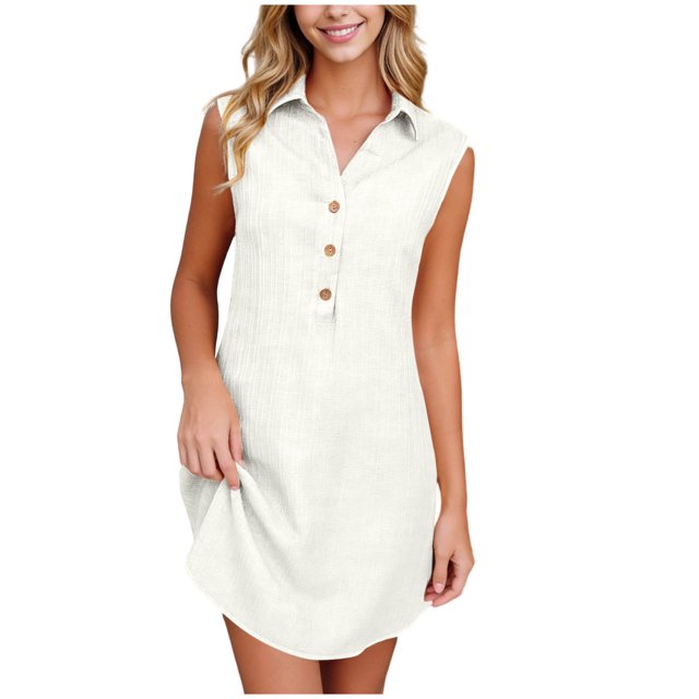 SDNall Robe Chemise Sans Manches à Col pour Grande Taille avec Poches, Mini-Robe Décontractée Unie