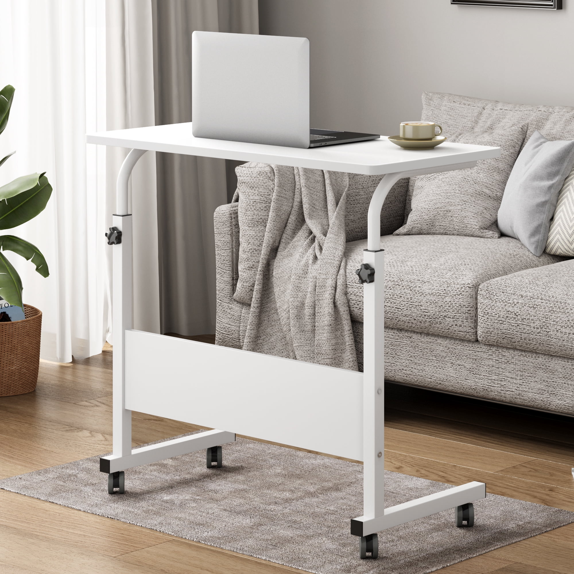 Soges Bureau d'Ordinateur Debout avec Roulettes, Bureau Latéral Mobile, Bureau Assis Table à Hauteur Réglable Blanc 31,5 Pouces