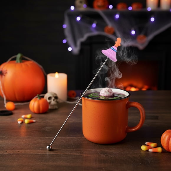 Cuillère de Mélange d'Halloween, Agitateur en Acier Inoxydable 304 Xinsrenus, Motifs Mignons de Citrouille, Fantôme et Chauve-Souris pour Café, Cocktails et Boissons Froides, Rose
