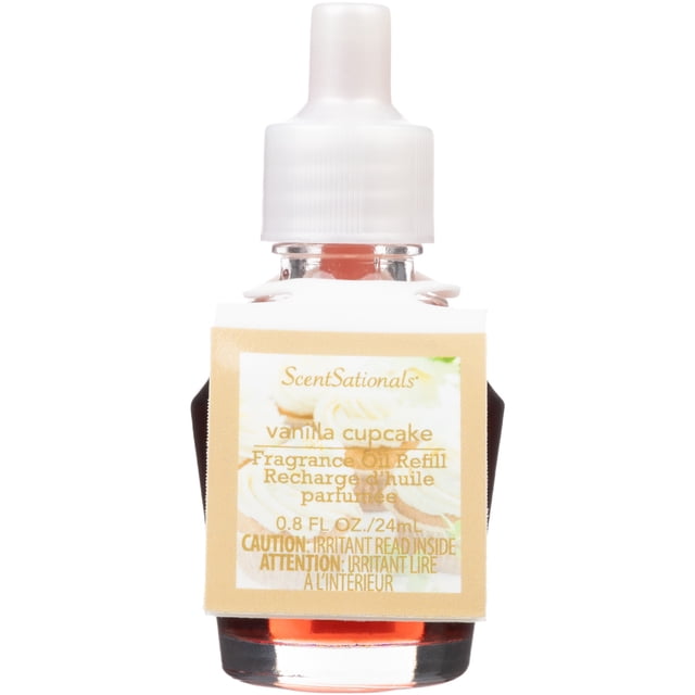 ScentSationals Scent Charm Oil Vanilla Cupcake fragrance oil refill bottle with white cap and beige label featuring vanilla cupcake image and product details, 0.8 fl oz (24 mL), designed for use with air freshener diffusers to provide long-lasting vanilla scent