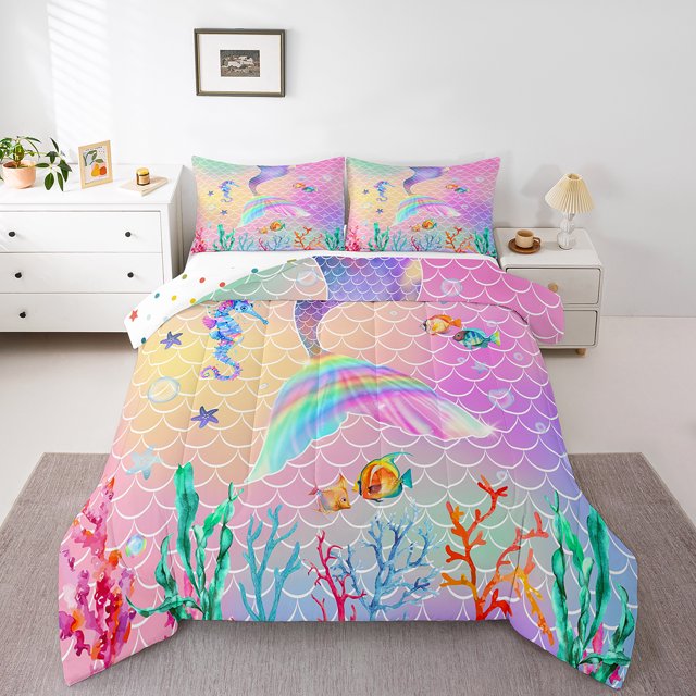 YST Mermaid Comforter Set Twin Size Rainbow Pink Mermaid Tail Printed Pattern Bedding Comforter Sets, Mermaid Fish Scale Bedding Set for Teens Girls Bedroom All Season(Rainbow,Queen 3Pcs)
