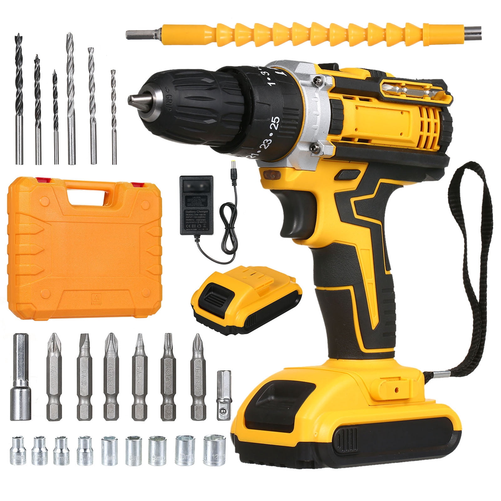 Cordless Yellow Drill Tool Kit (US Version) with Dual 7500mAh Batteries and Comprehensive Accessories in Portable Case